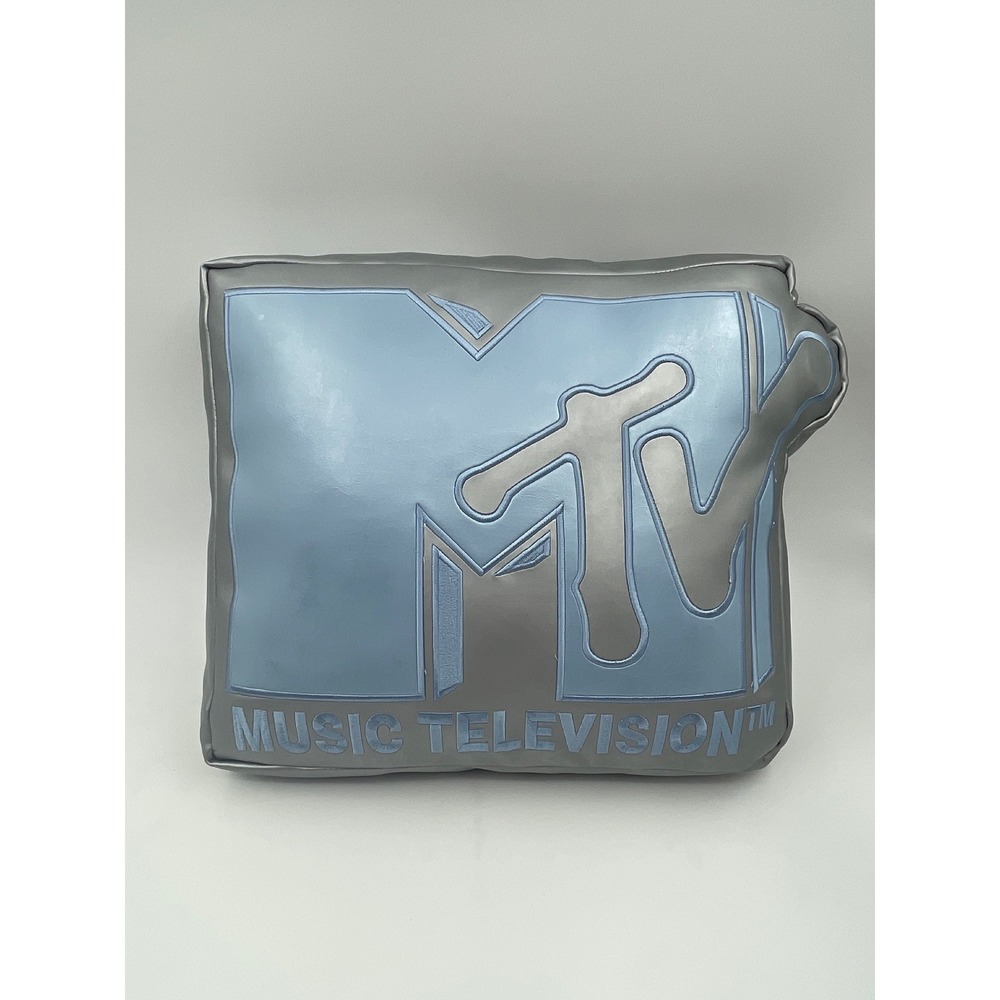 Vintage 2005 MTV Music Television Logo Throw Pillow Metallic Silver Blue Y2K